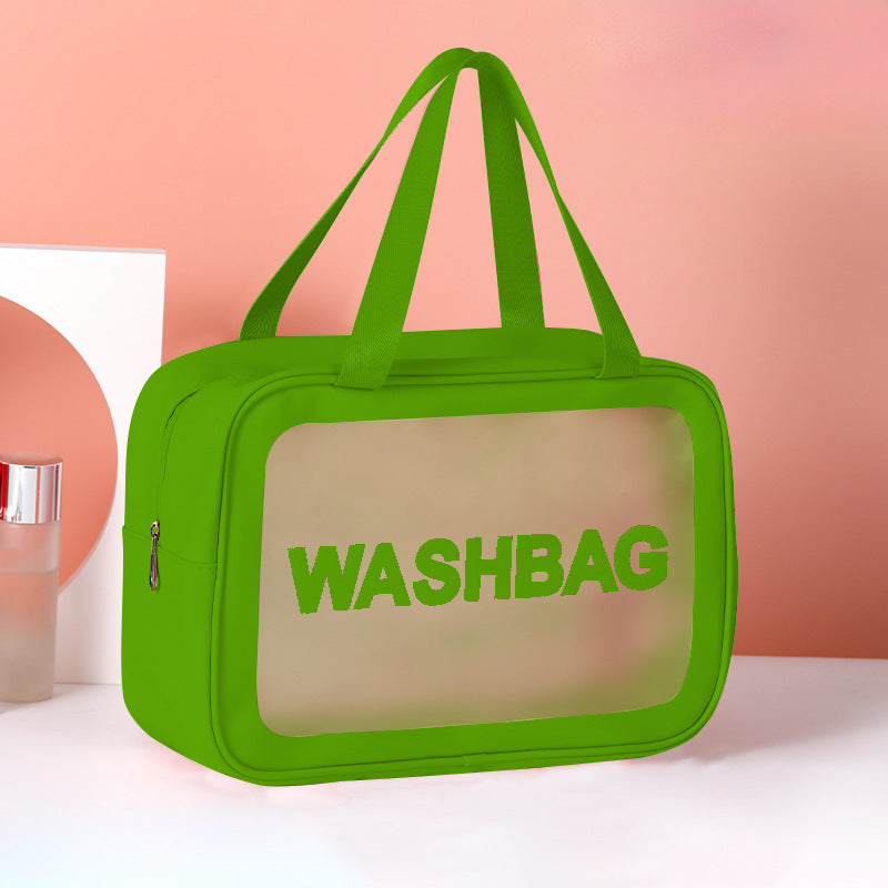 Large translucent frosted PVC tote-style wash bag in green with WASHBAG print