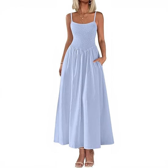 Pleated shoulder-strap midi dress in light blue, square neckline and gathered waist