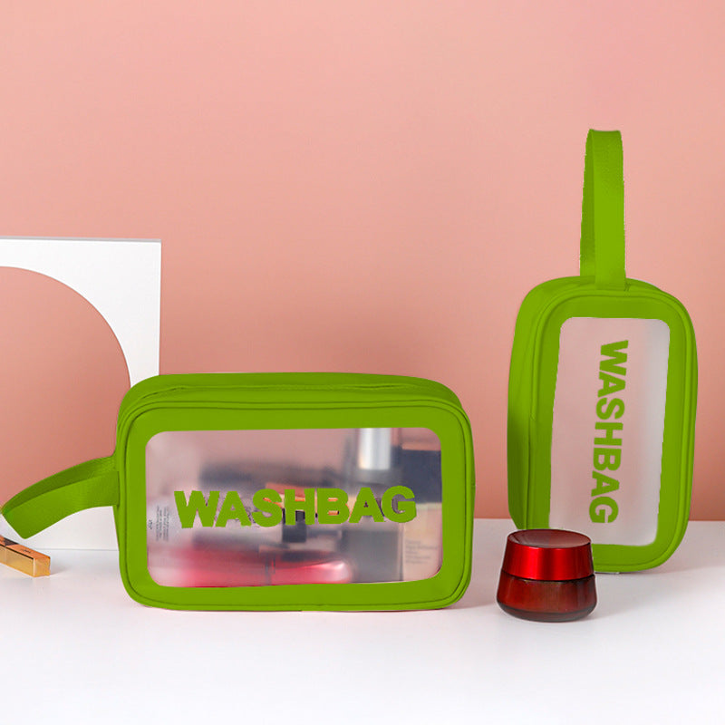 Set of two translucent frosted PVC wash bags in green with WASHBAG prints