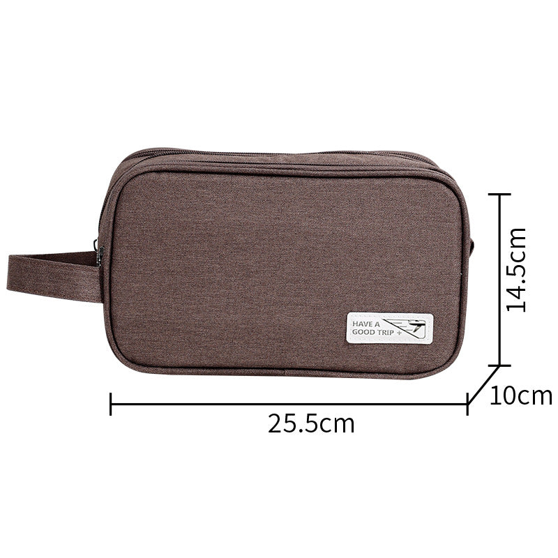 Three-layer travel toiletry bag, brown zippered pouch with side handle strap and front label