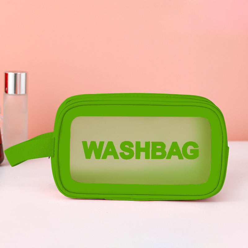 Green translucent frosted PVC wash bag with WASHBAG label and side zipper