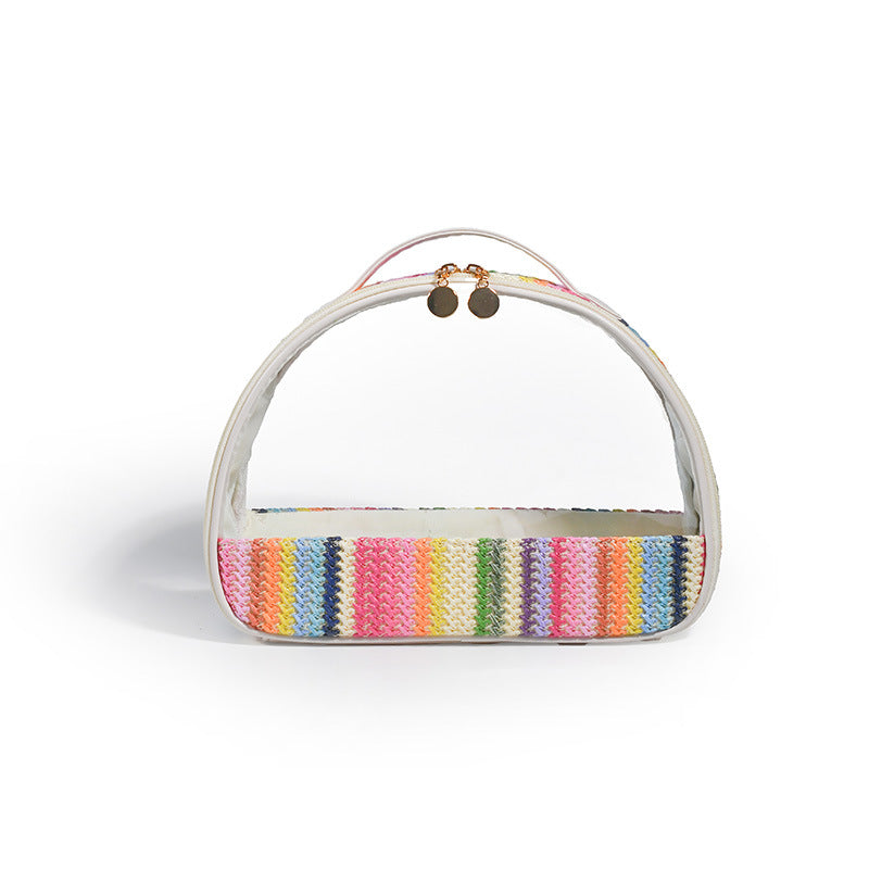 Rainbow striped transparent PVC semicircular cosmetic bag with curved handle and top clasp