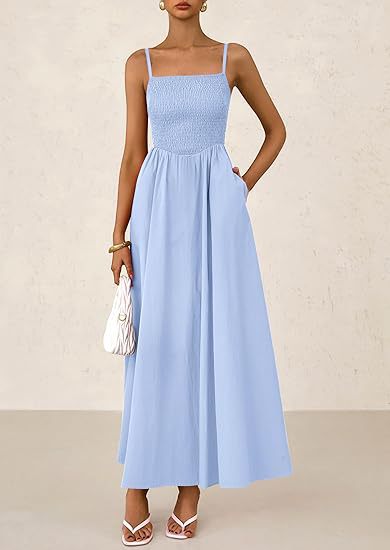 Women's thin-strap midi dress in powder blue with smocked bodice and pleated skirt