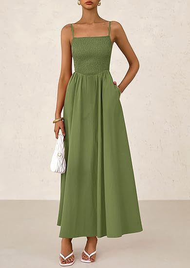 Women's thin-strap midi dress in olive green with smocked bodice and pleated skirt