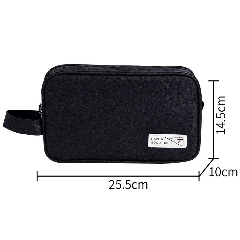 Three-layer travel toiletry bag, black zippered pouch with side handle strap and front label