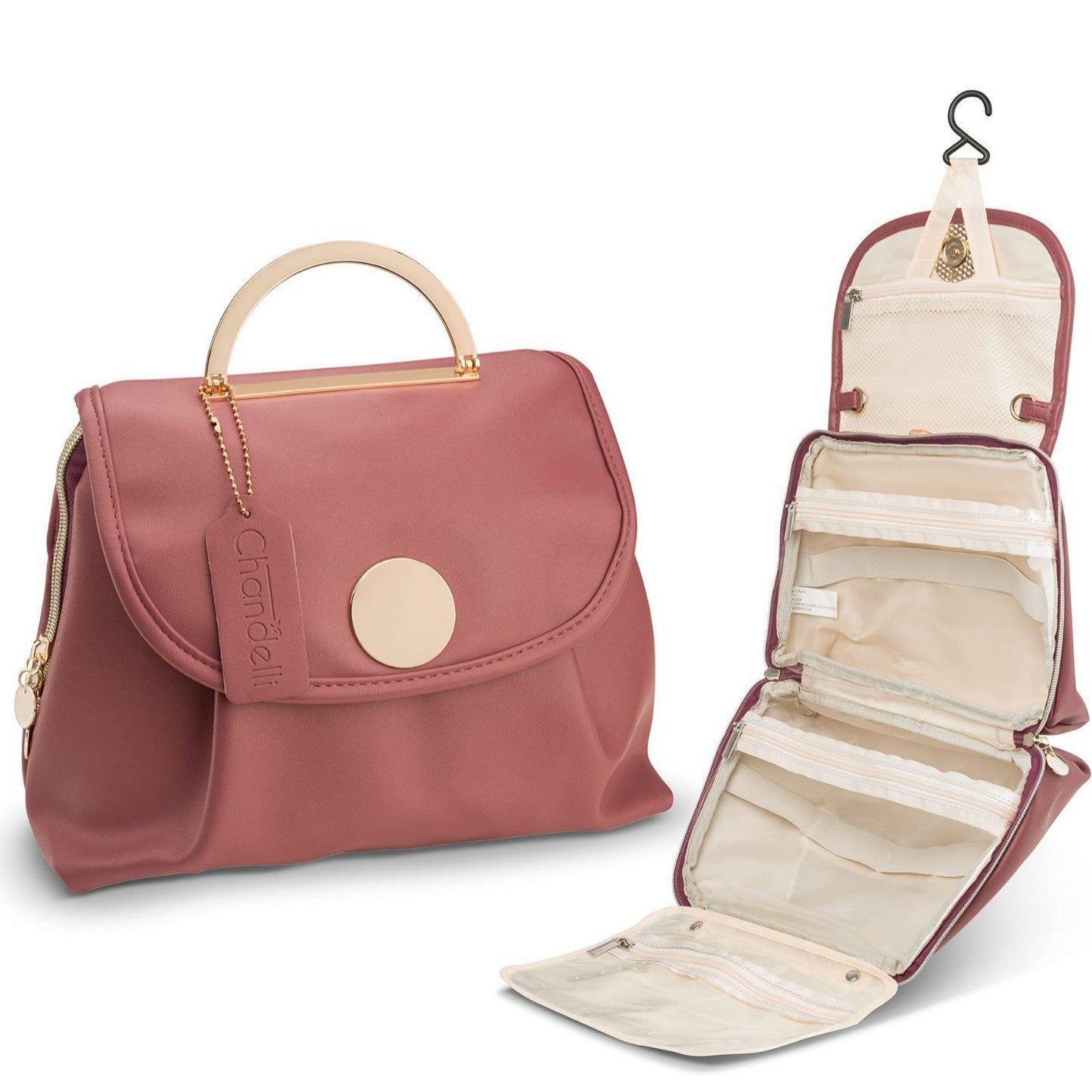 Pink waterproof toiletry bag with hanging hook and open multi-pocket interior