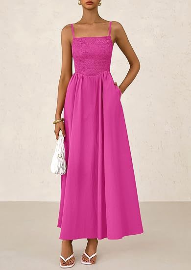 Women's thin-strap midi dress in magenta with smocked bodice and pleated skirt