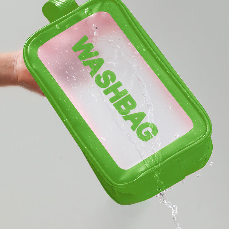 Green translucent frosted PVC wash bag with open clear panel and WASHBAG text