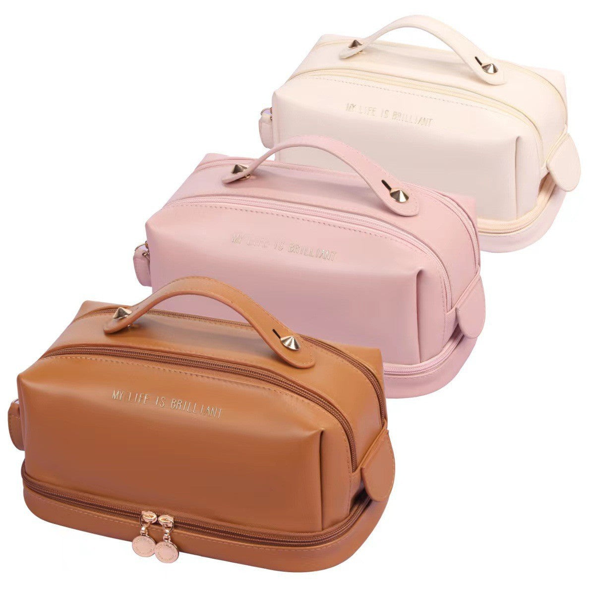 Off-white double-zip makeup bag with top handle, side pocket, and PU leather style