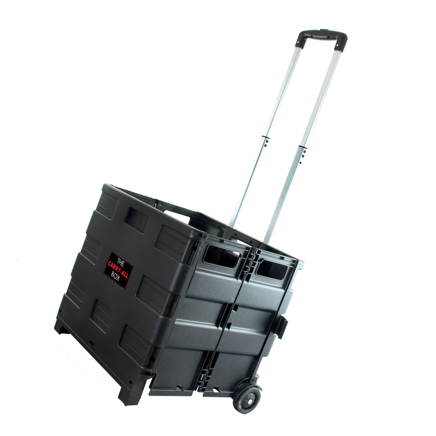 Folding carry-all cart with lid, dark gray base and extended handle, rolling wheels