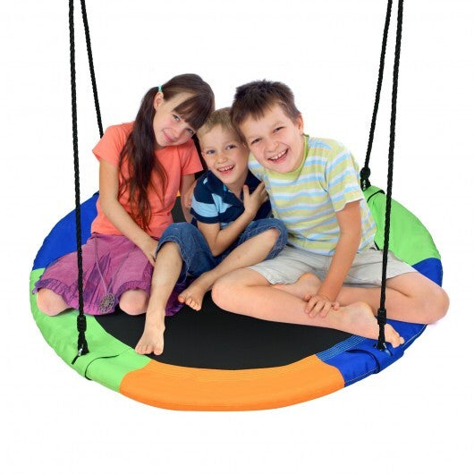 Multicolor flying saucer tree swing with padded fabric seat and hanging ropes