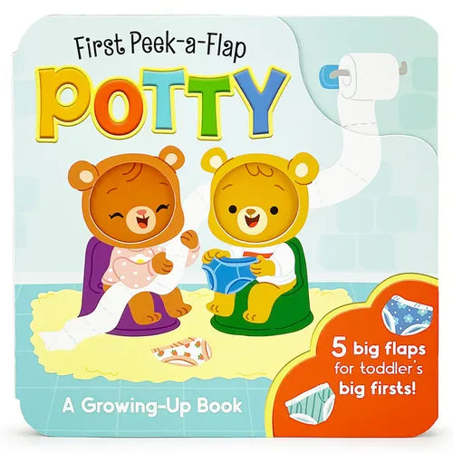 Potty board book with flap cover, cartoon bears using potty, 'First Peek-a-Flap' title