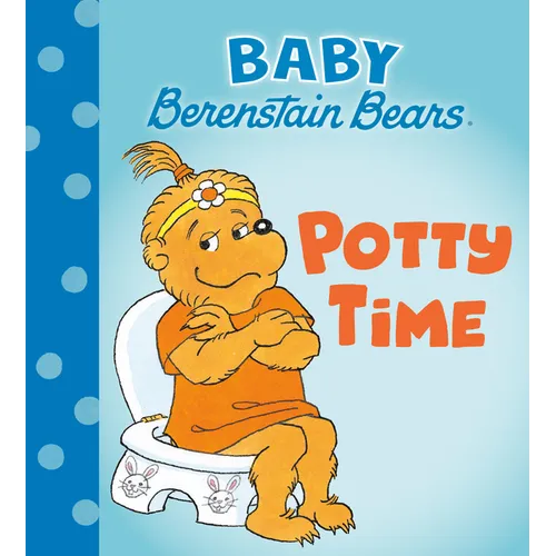 Board book cover with orange baby bear, potty-themed title text, and blue polka-dot spine