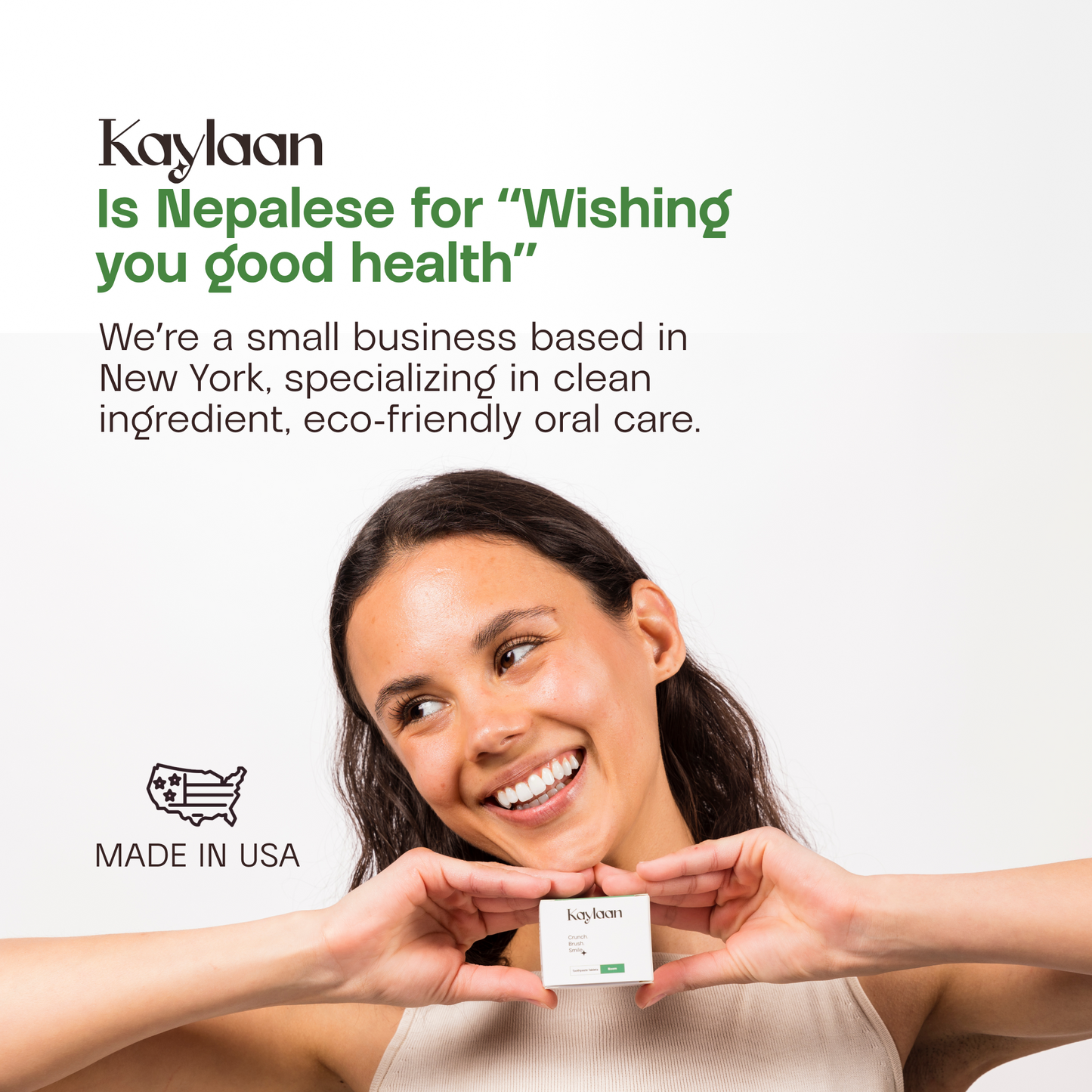 Kaylaan organic mint toothpaste tablets refill packet held by a smiling woman