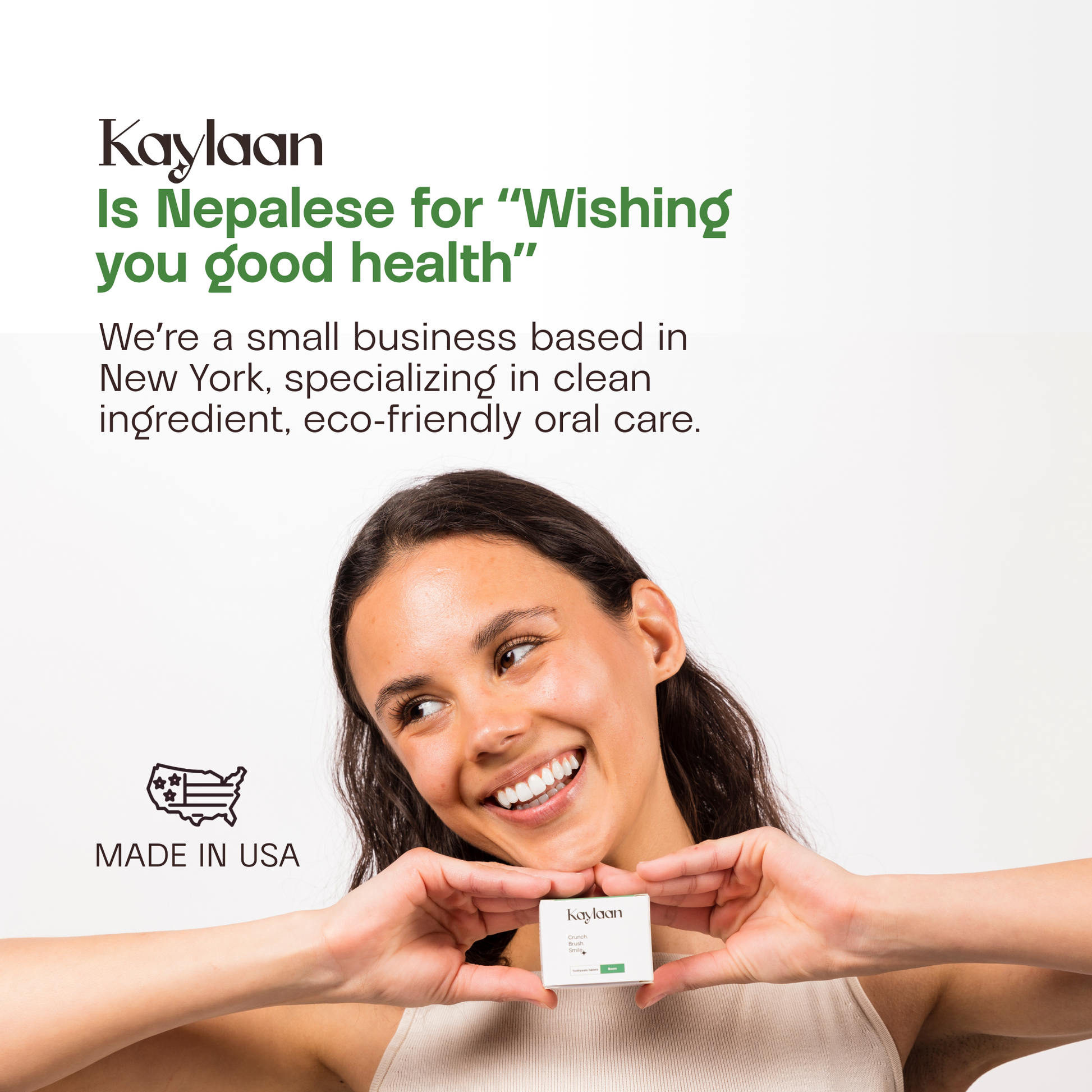 Kaylaan organic mint toothpaste tablets refill packet held by a smiling woman