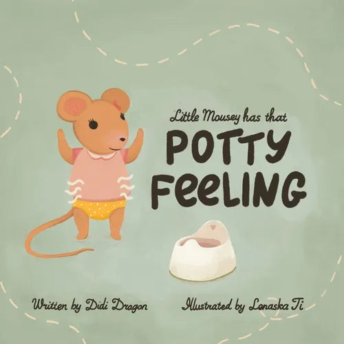 Kids potty training book cover with mouse in diaper and white toilet illustration, paperback