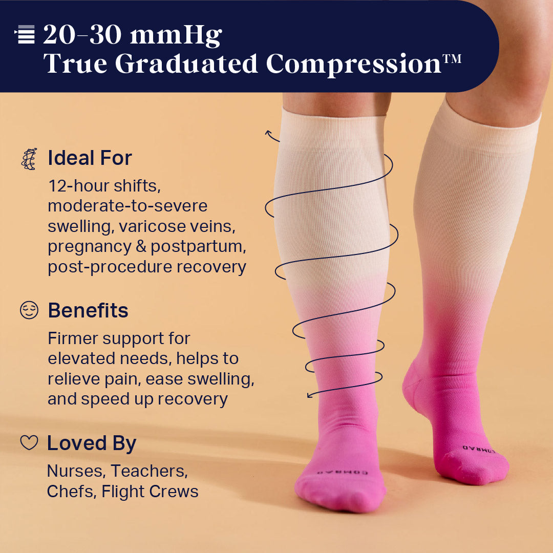 Light pink knee-high compression socks on legs