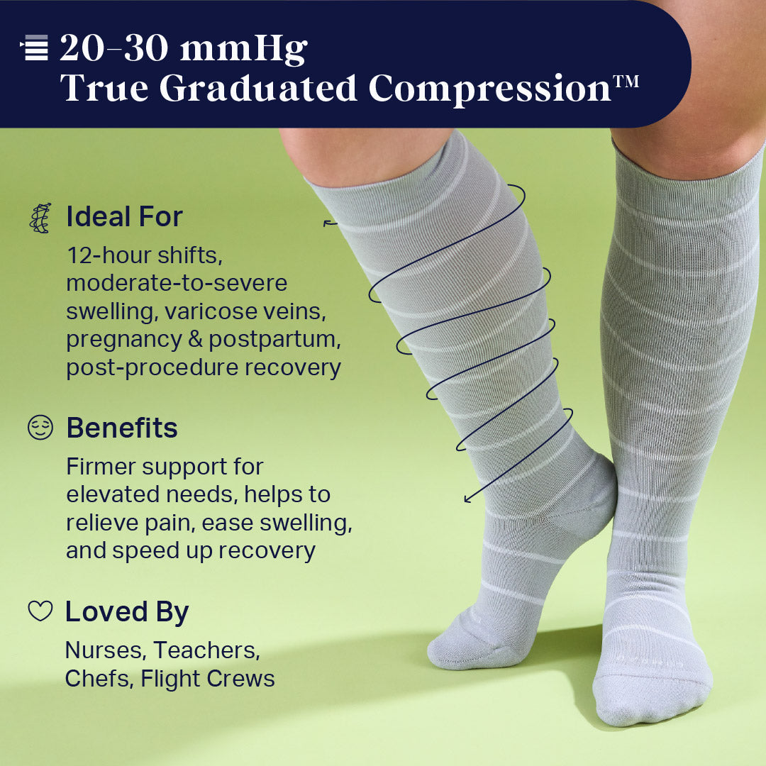 Knee-high compression socks in light gray with dark horizontal stripes