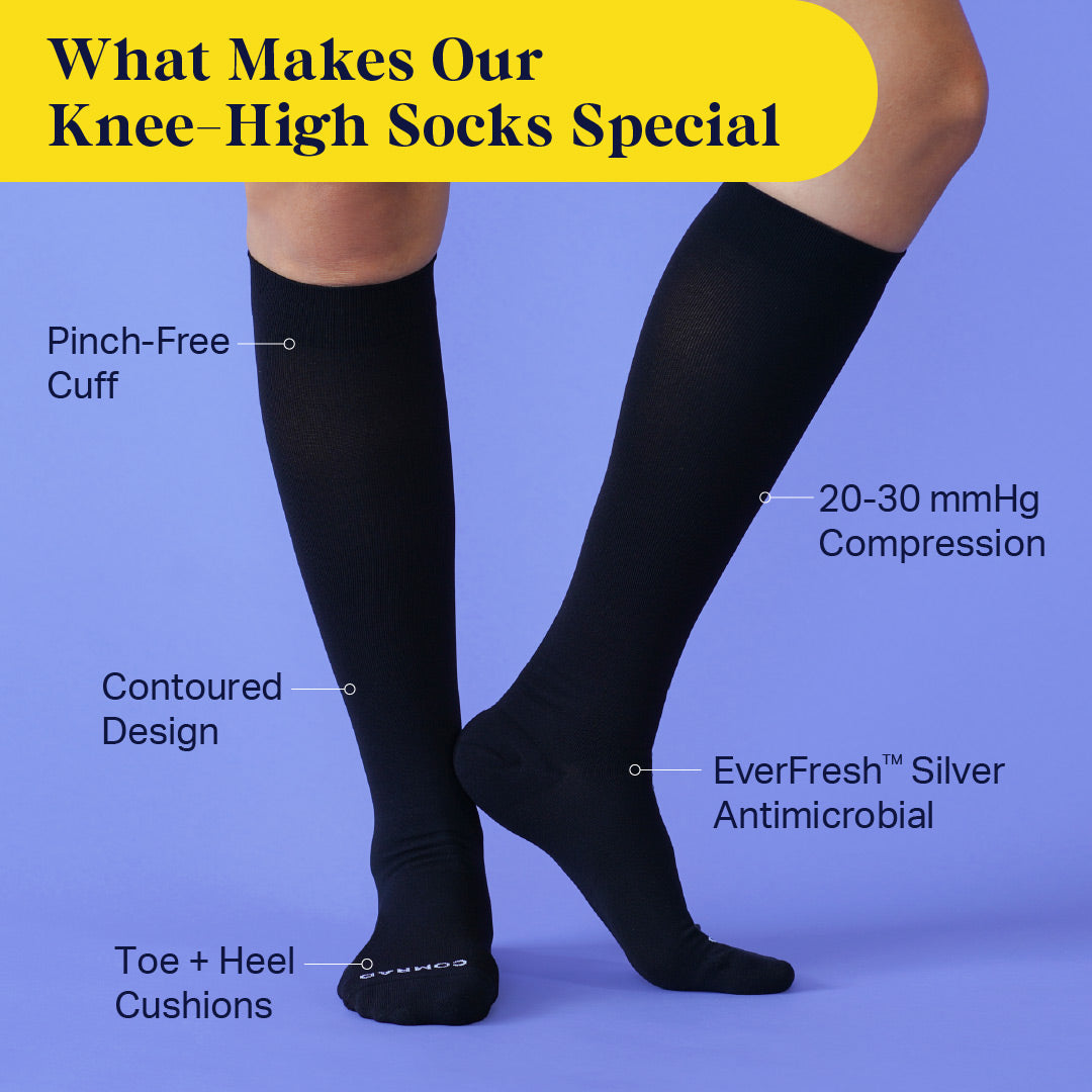 Black knee-high compression socks on legs with cushioned toe and heel