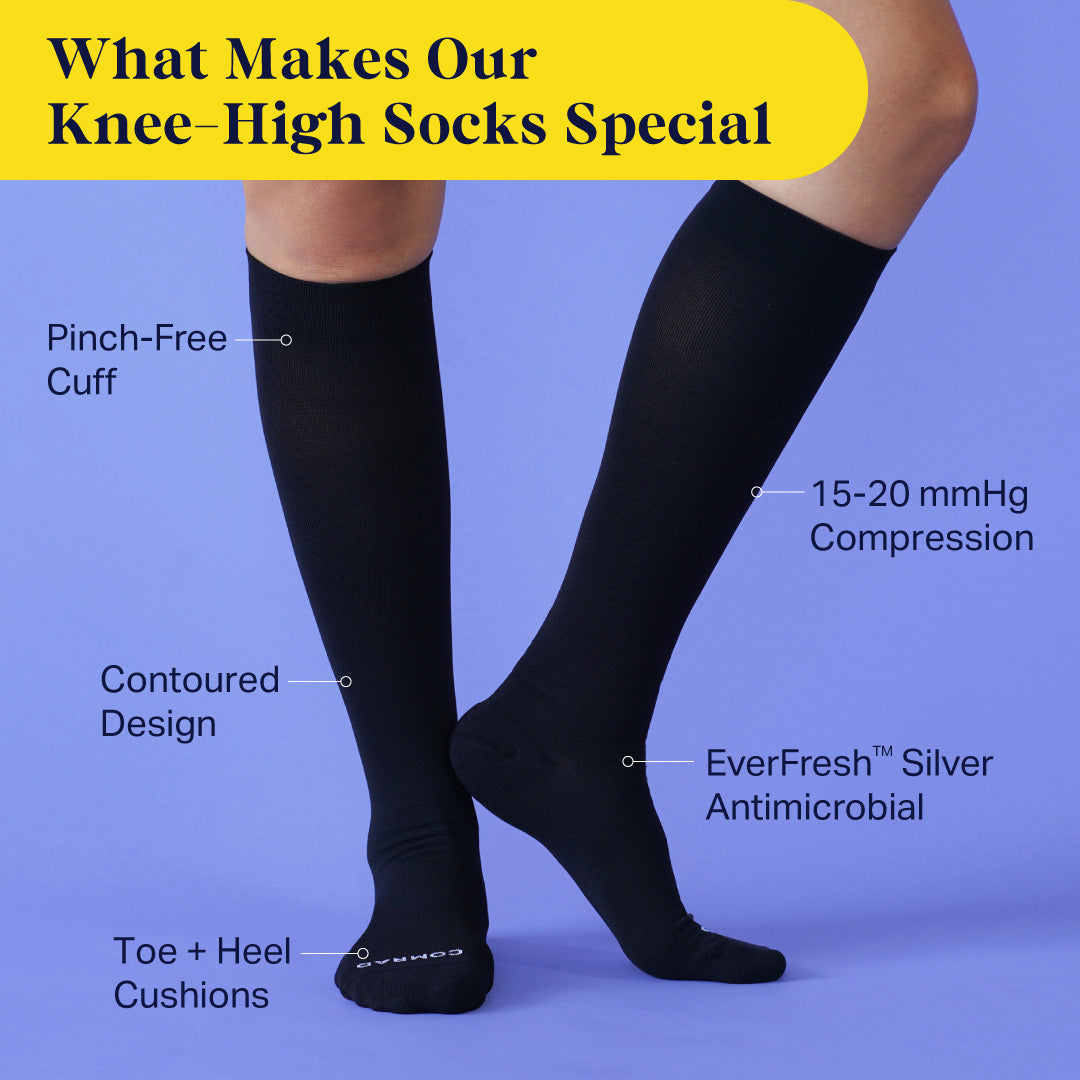 Knee-high compression socks in dark tone on legs, smooth knit and reinforced toe