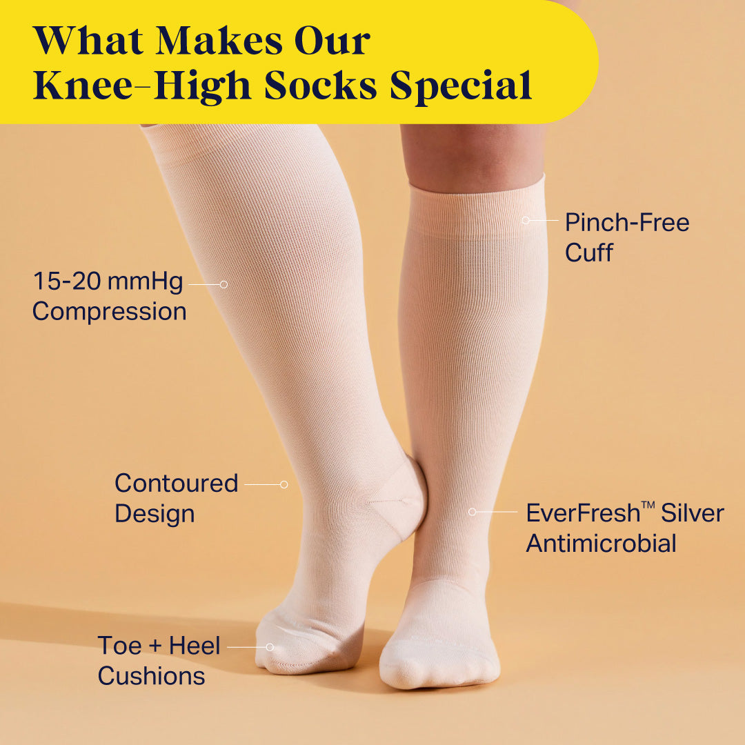 Light-colored knee-high compression socks on two legs, contoured foot shape