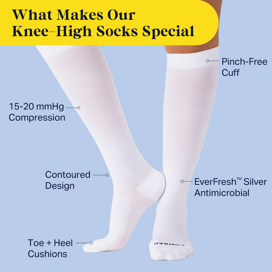 White knee-high compression socks on two legs, over calf