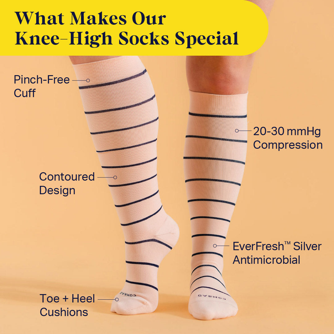 Knee-high compression socks with navy stripe pattern on light rose fabric