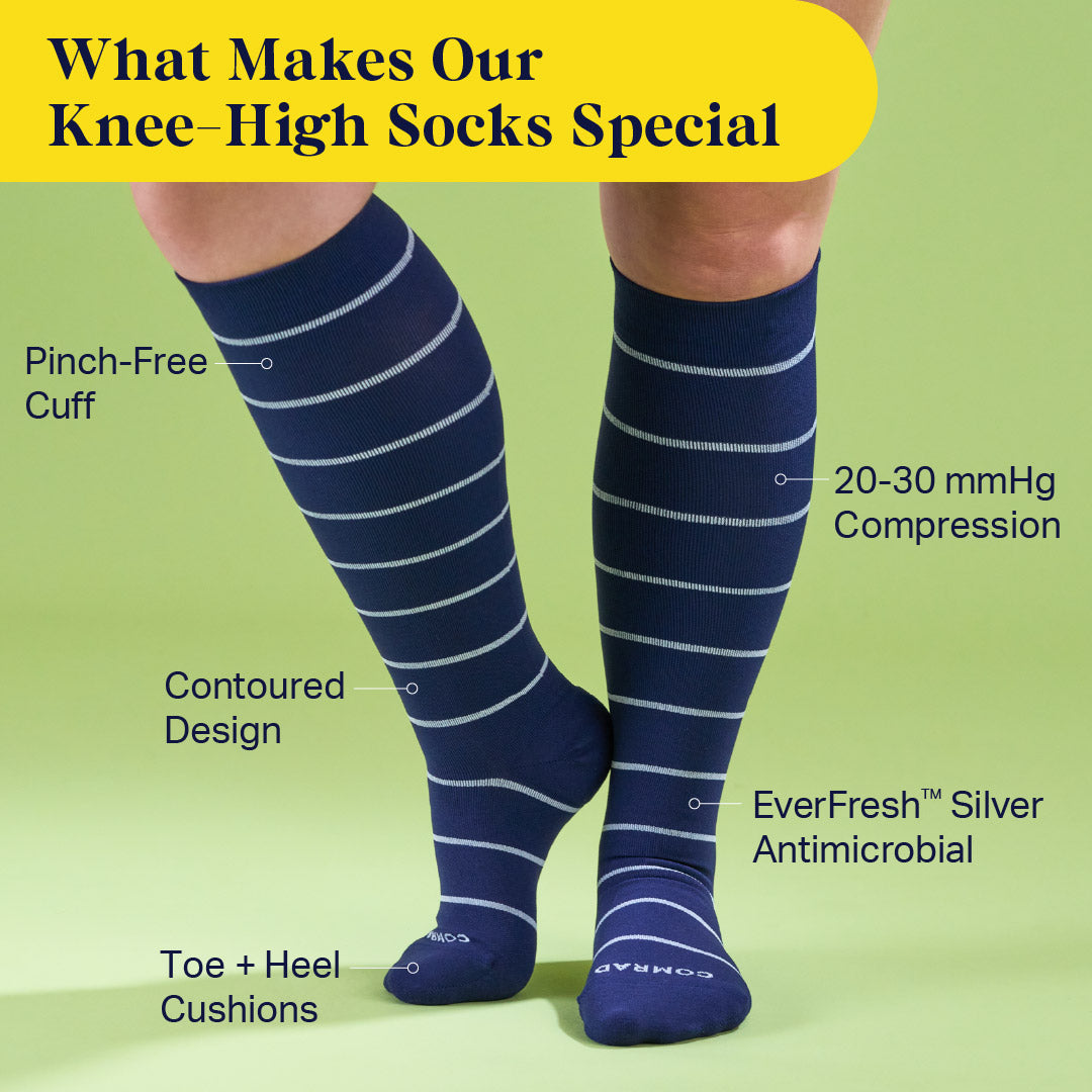 Knee-high compression socks on legs, navy blue with light horizontal stripes