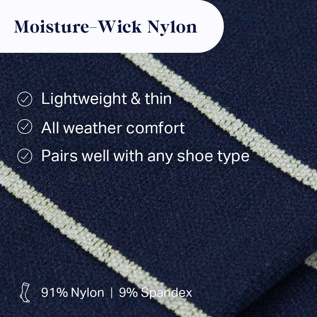 Navy knee-high compression socks with off-white horizontal stripe knit detail