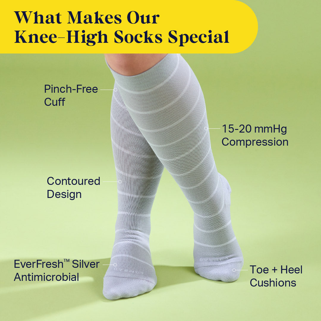 Knee-high compression socks in heather gray with wide horizontal stripe pattern