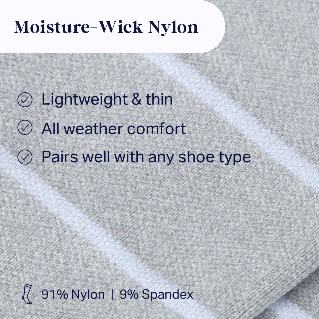 Heather gray knit sock fabric swatch with moisture-wicking material details