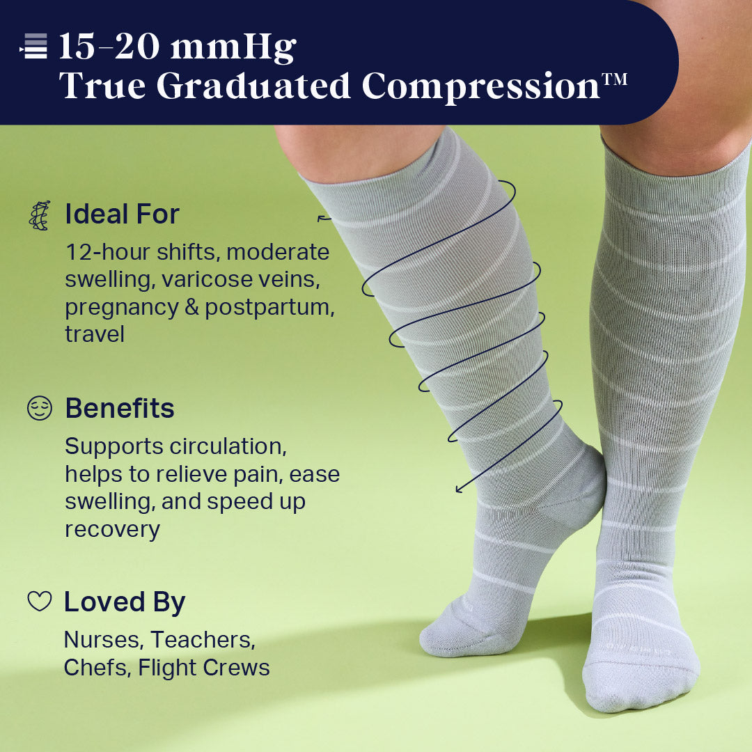 Pair of heather gray knee-high compression socks with horizontal stripes, cushioned toe and heel
