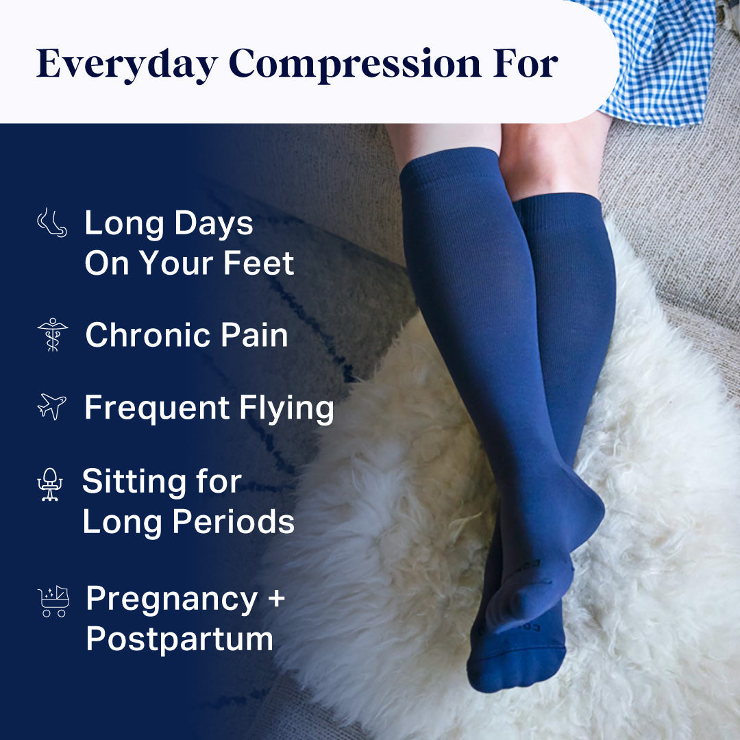 Dark blue knee-high compression socks on legs, over calf