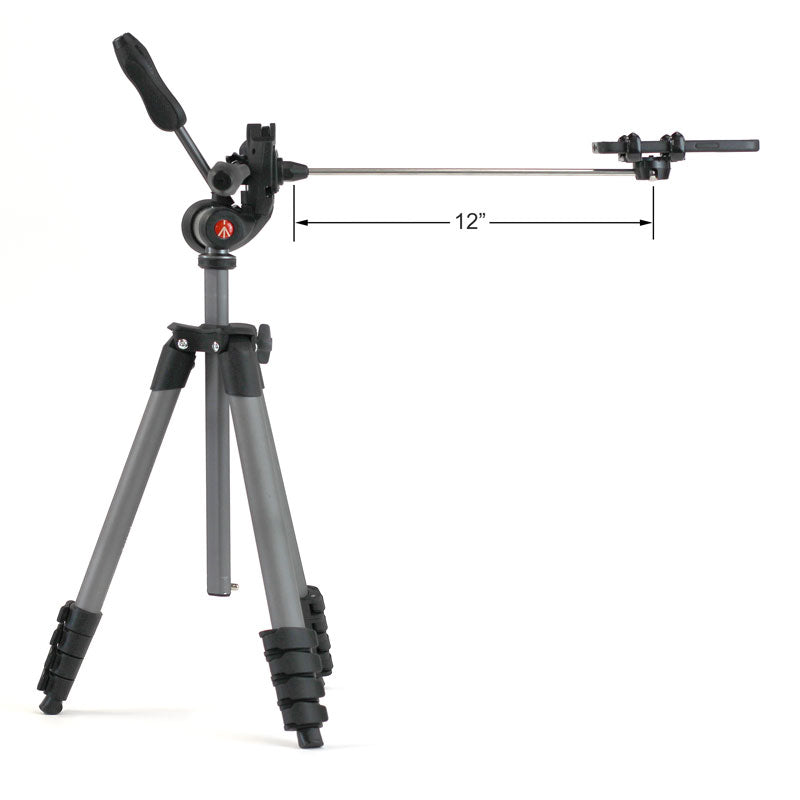 Tripod stand with 12-inch horizontal arm and phone holder mount