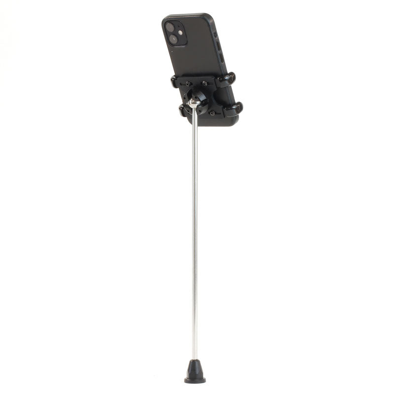 iPhone clamp mounted on an extended tripod pole