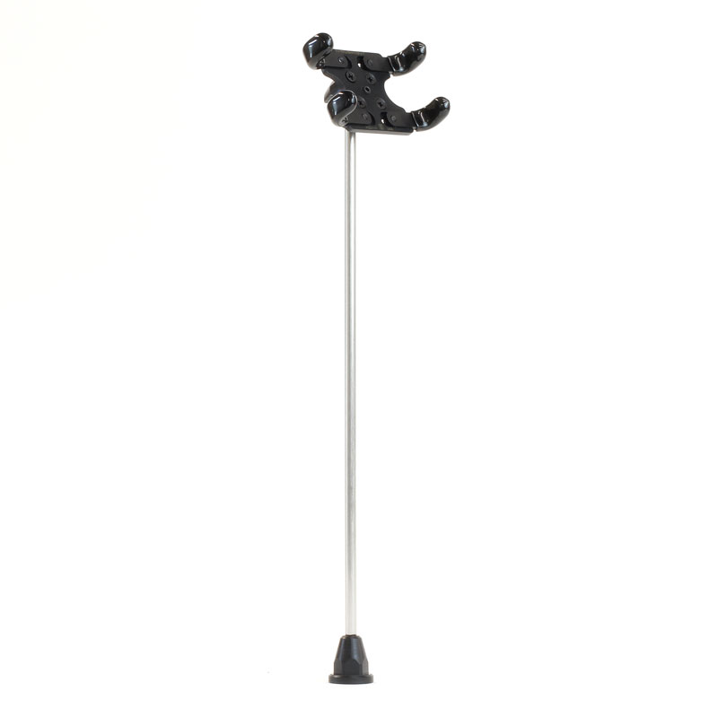 Phone clamp on an extended tripod pole with black foot