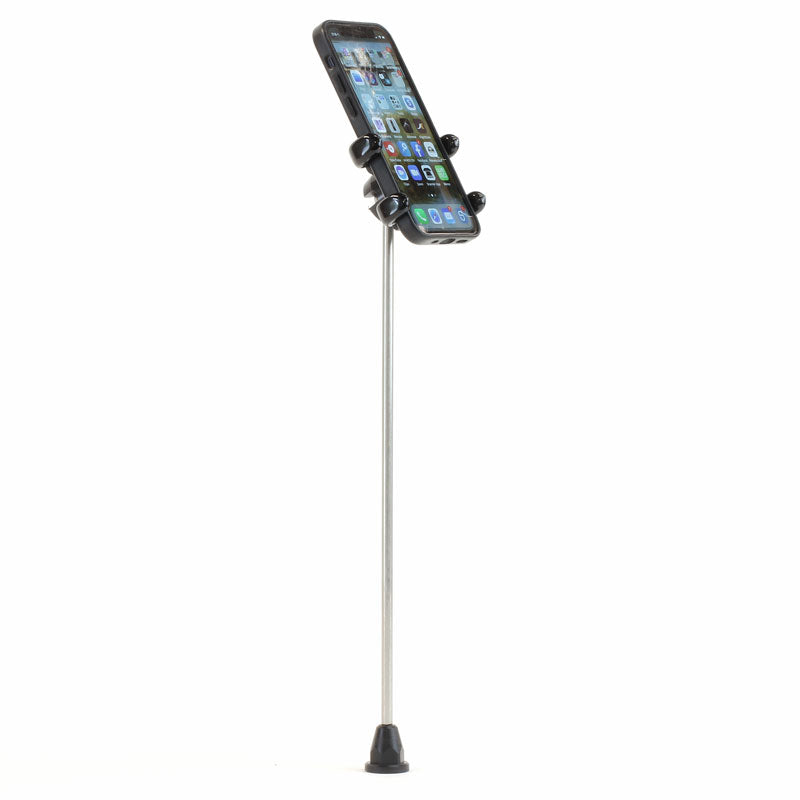 iPhone tripod mount with phone clamp on extended silver pole