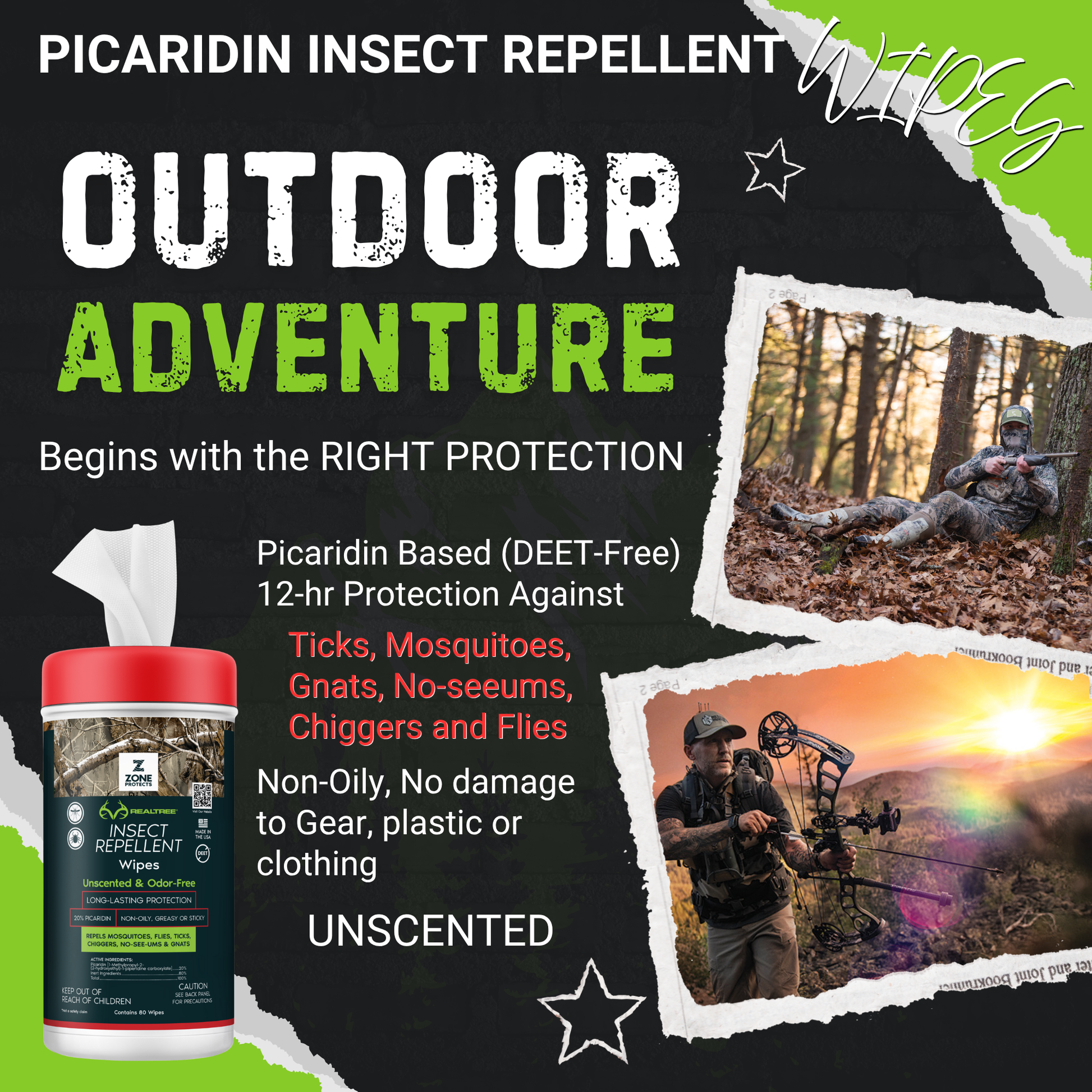 Unscented insect repellent wipes bottle with Realtree outdoor adventure design and stars