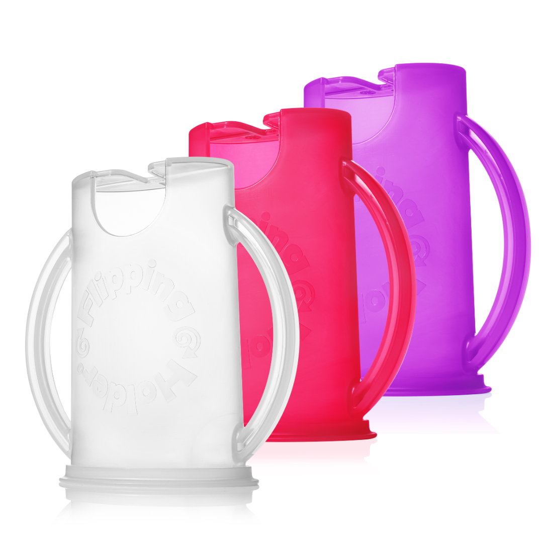 Flipping Holder 3 pack with white, red, and purple plastic holders and flip handles