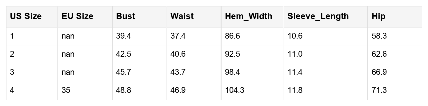 Size chart table with US/EU sizing, bust, waist, hem width, sleeve length, and hip