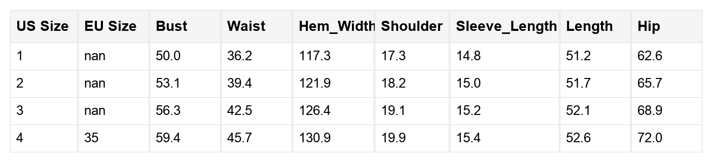 Size chart with US/EU sizes and measurements for bust, waist, hem width, hips
