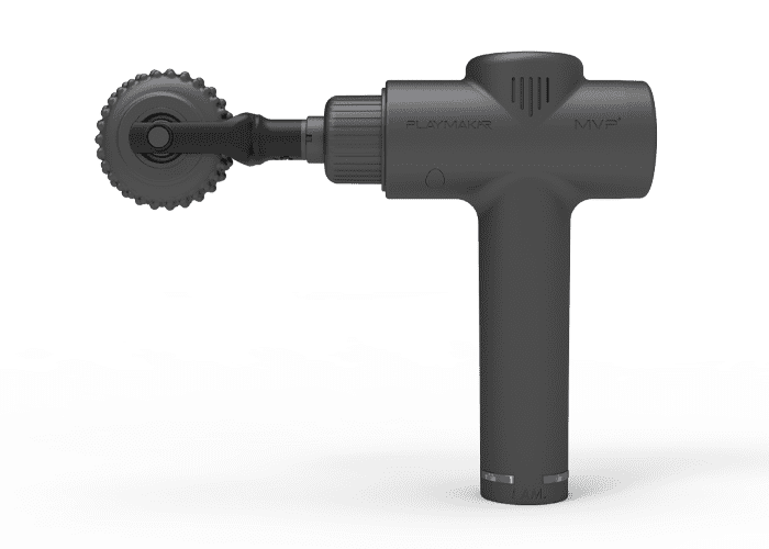 GlidePro massager roller with spiked circular head, ribbed grip handle, dark gray