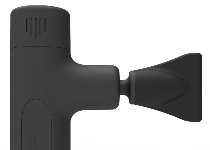 Black massage gun edge-style head attachment with rubberized nozzle
