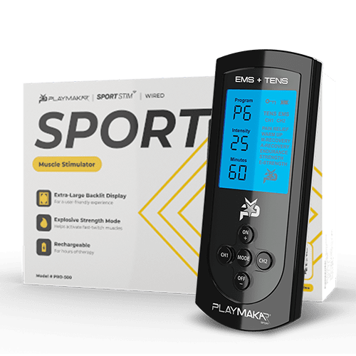 Black EMS and TENS muscle stimulator with digital screen and front panel buttons