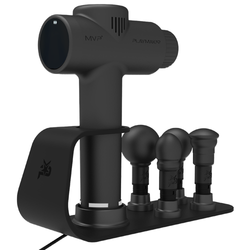 Black MVP+ power charging station with four massage heads on a compact base