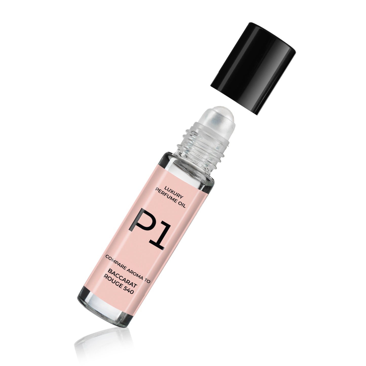 Perfume oil bottle with black cap and clear nozzle, P1 label