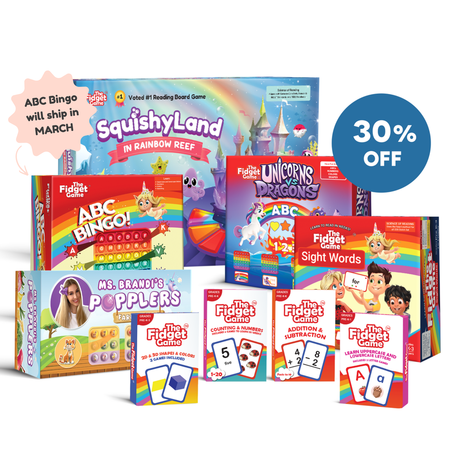 Learning game bundle featuring ABC Bingo box and other games with 30% off badge