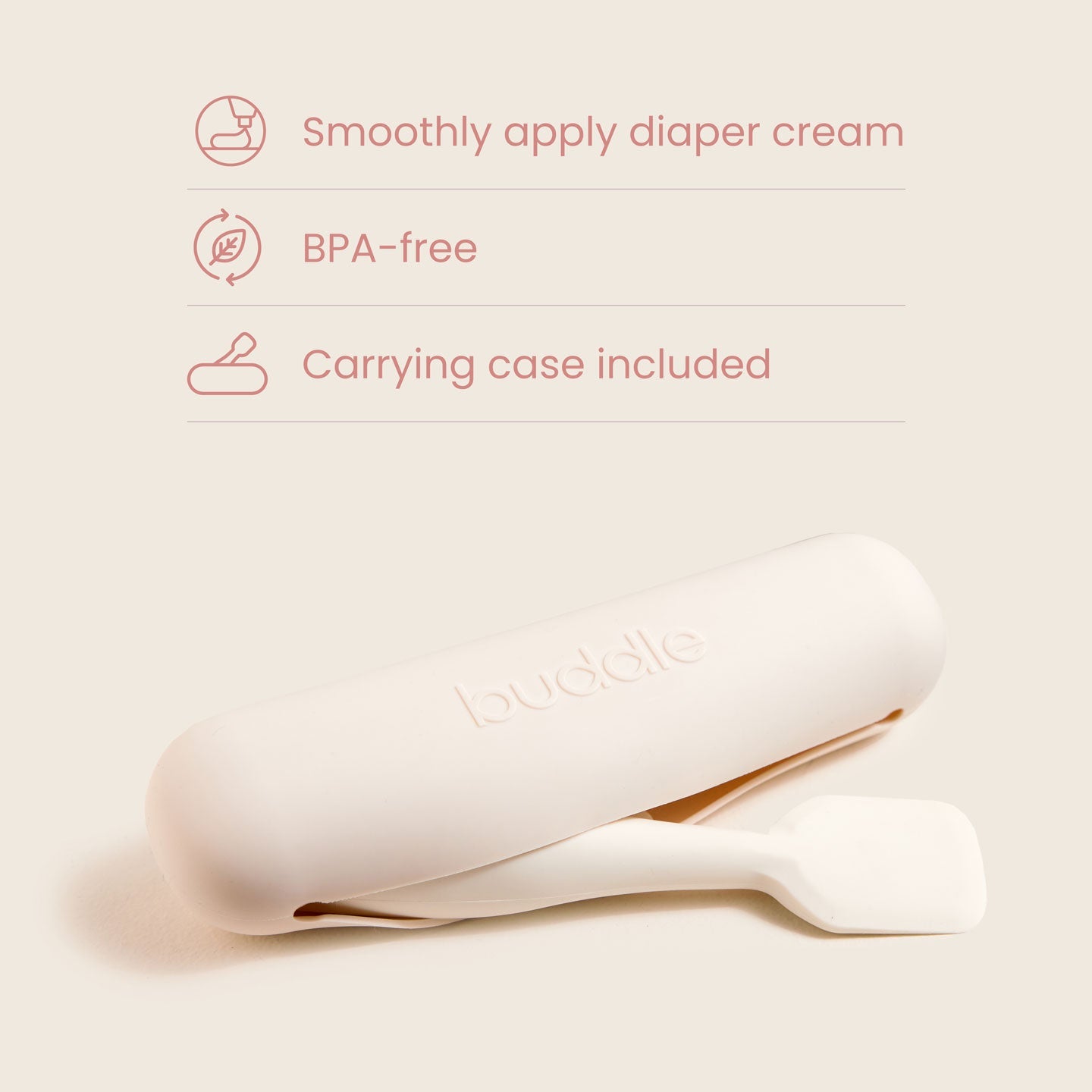 White silicone carrying case with paddle applicator attached, for diaper cream