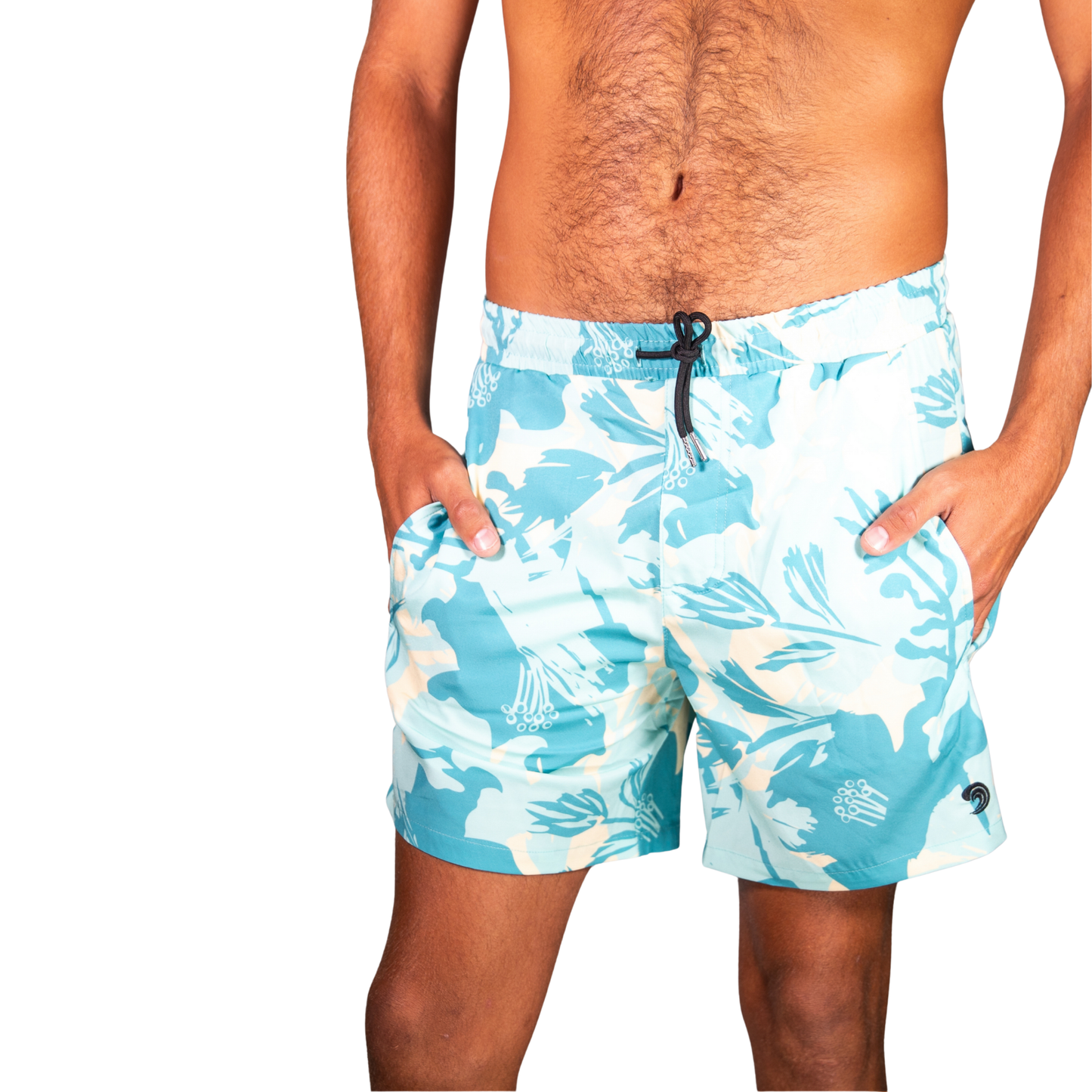 Turquoise tropical-print waterproof swim shorts with elastic waistband and drawstring