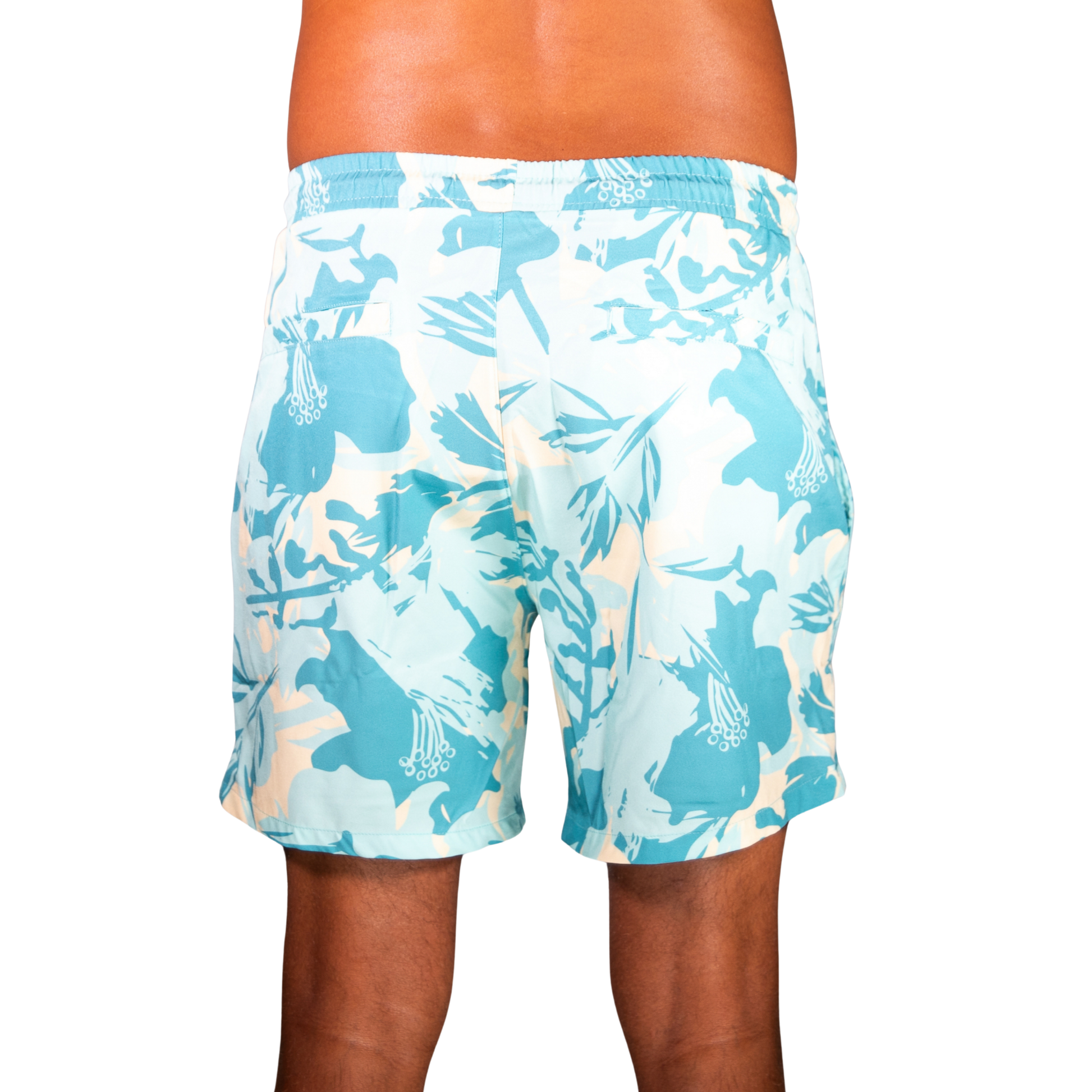 Turquoise tropical-print swim shorts with elastic waistband, drawstring and side seam detail